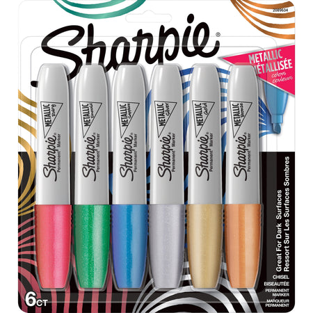 Sharpie Metallic Ink Chisel Tip Permanent Markers - Fine Chisel Marker Point - Gold Metallic, Silver Metallic, Bronze Metallic, Ruby Metallic, Emerald Metallic, Sapphire Metallic Ink - 6 / Pack