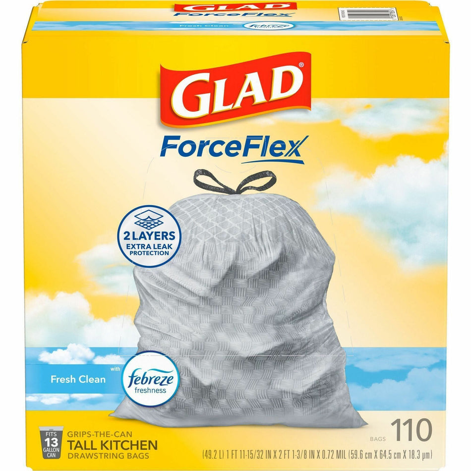 Glad ForceFlex Tall Kitchen Drawstring Trash Bags - Fresh Clean with Febreze Freshness - 13 gal Capacity - 25.38" Length x 23.75" Width x 0.72 mil (18 Micron) Thickness - Drawstring Closure - White - Home, Office/ - 110 / Box