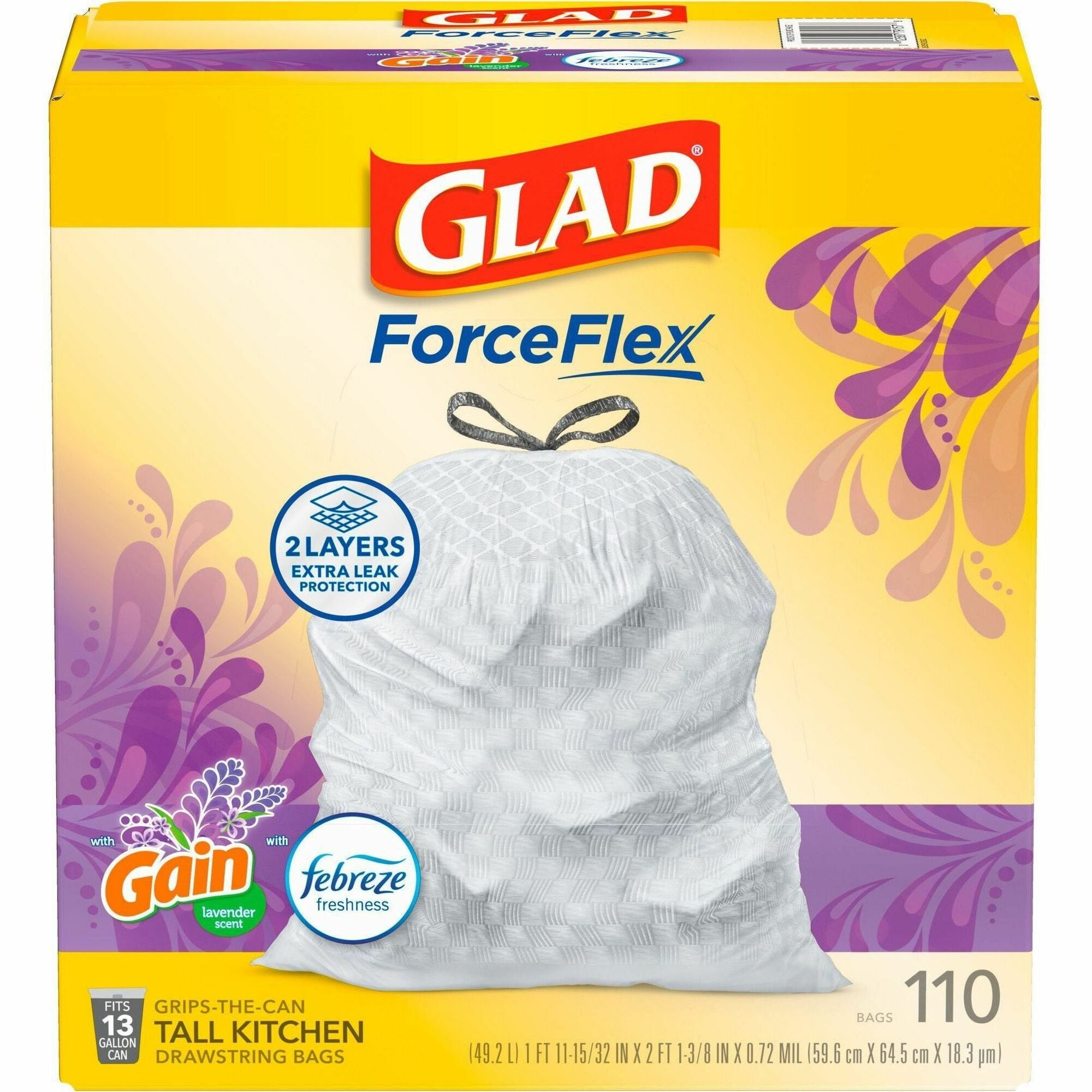 Glad ForceFlex Tall Kitchen Drawstring Trash Bags - Gain Lavender with Febreze Freshness - 13 gal Capacity - 25.38" Length x 23.75" Width x 0.72 mil (18 Micron) Thickness - Drawstring Closure - White - Home, Office/ - 110 / Box