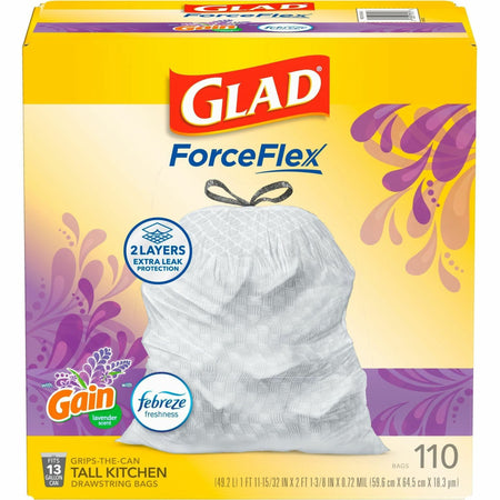 Glad ForceFlex Tall Kitchen Drawstring Trash Bags - Gain Lavender with Febreze Freshness - 13 gal Capacity - 25.38" Length x 23.75" Width x 0.72 mil (18 Micron) Thickness - Drawstring Closure - White - Home, Office/ - 110 / Box