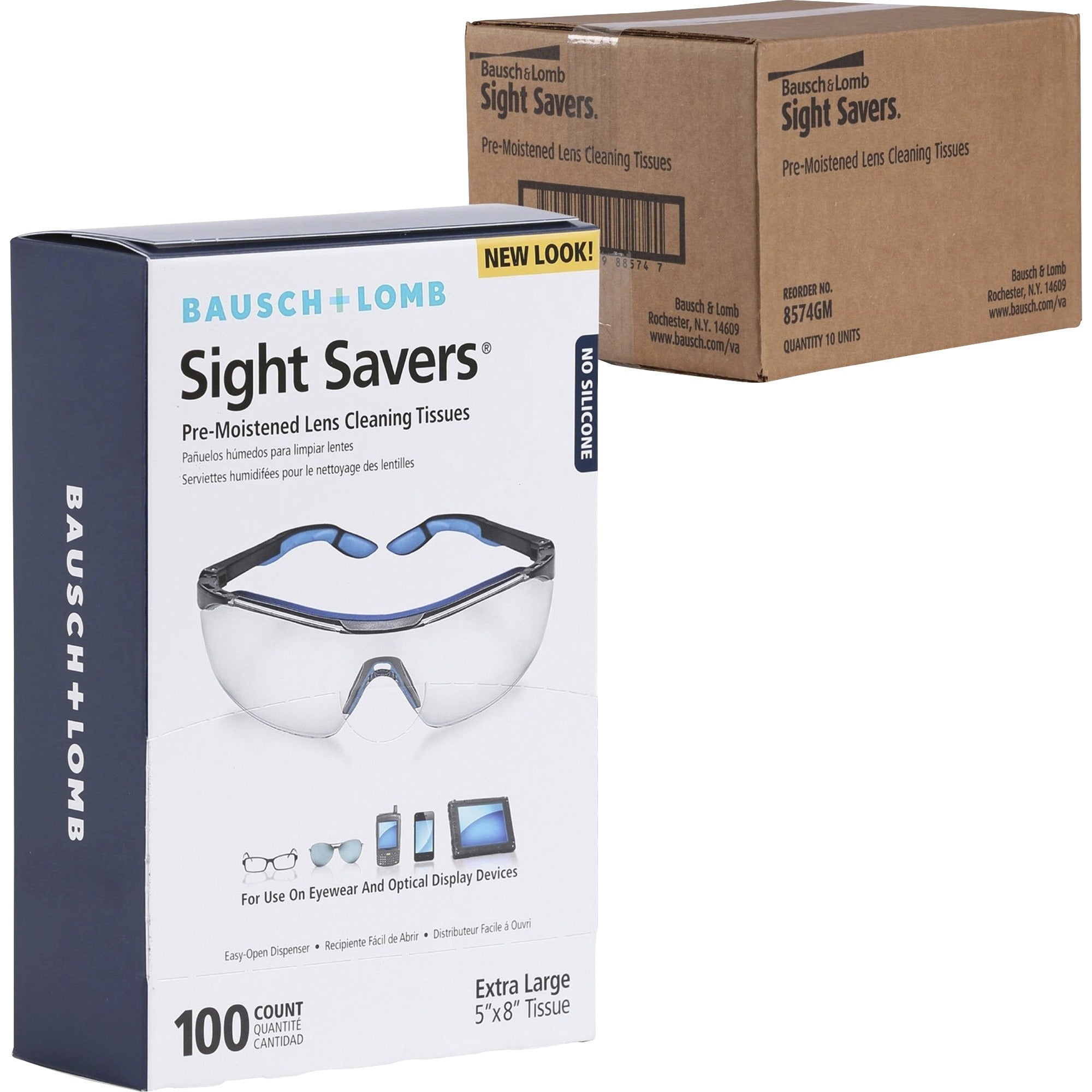 Bausch + Lomb Sight Savers Lens Cleaning Tissues - For Reading Glasses, Eyeglasses, Monitor, Camera Lens, Binocular - Anti-fog, Anti-static, Pre-moistened, Silicone-free, Individually Wrapped - Multi - 100/Box - 10 / Carton