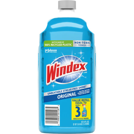 Windex® Original Glass Cleaner Refill - 67.6 fl oz (2.1 quart) - Streak-free, Film-free, Phosphate-free - Blue Bottle - 1 Each
