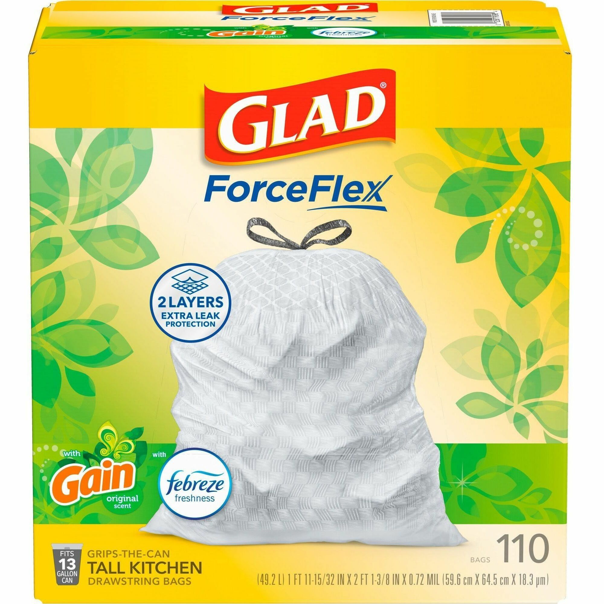 Glad ForceFlex Tall Kitchen Drawstring Trash Bags - Gain Original with Febreze Freshness - 13 gal Capacity - 33.75 ft Length x 25.38 ft Width x 0.72 mil (18 Micron) Thickness - Drawstring Closure - White - Home, Office, Kitchen, Breakroom - 110 / Box