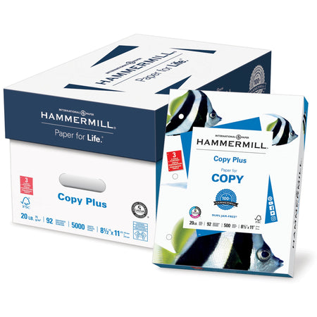 Hammermill Copy Plus 3HP Paper - White - 92 Brightness - Letter - 8 1/2" x 11" - 20 lb Basis Weight - Acid-free, Pre-punched, Quick Drying - White - 500 Sheets per Ream - 10 / Carton