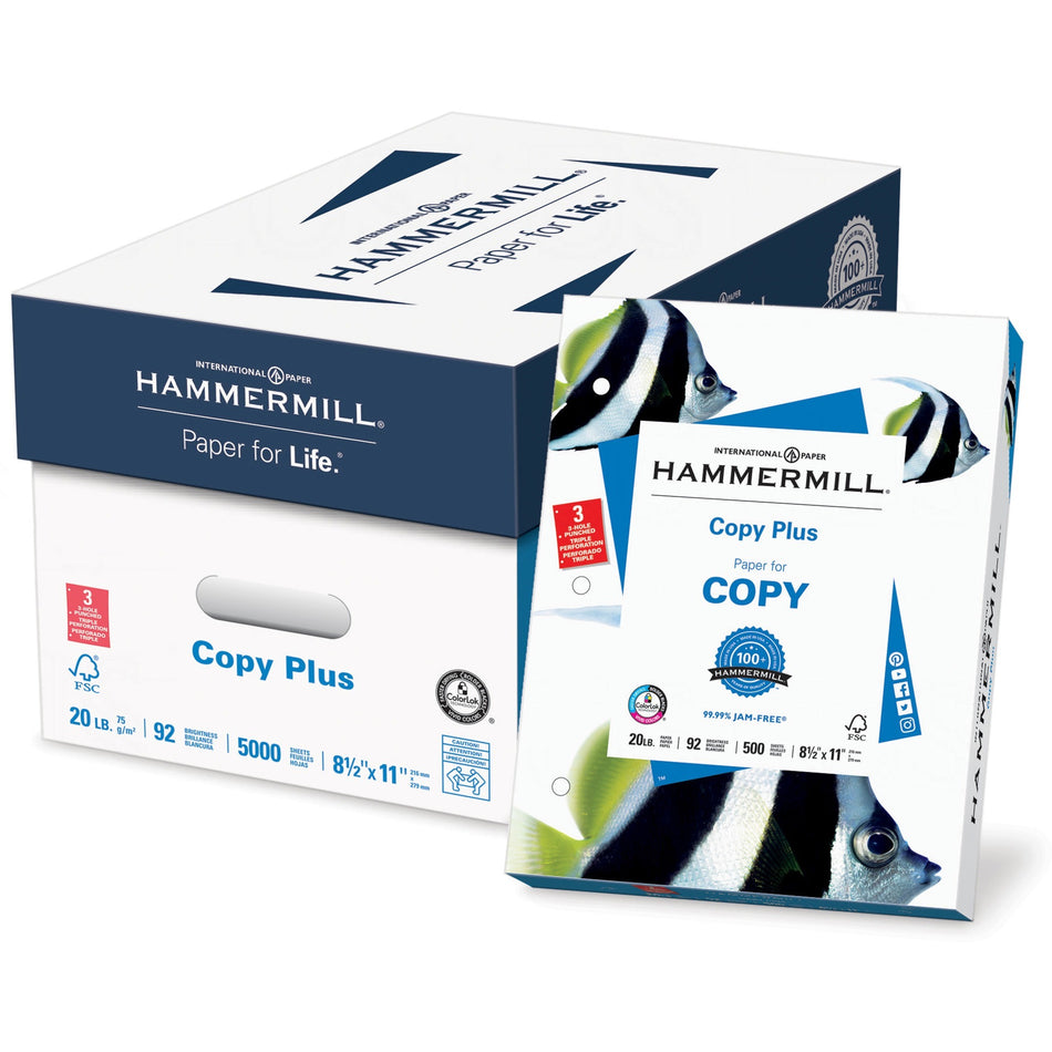 Hammermill Copy Plus 3HP Paper - White - 92 Brightness - Letter - 8 1/2" x 11" - 20 lb Basis Weight - Acid-free, Pre-punched, Quick Drying - White - 500 Sheets per Ream - 10 / Carton