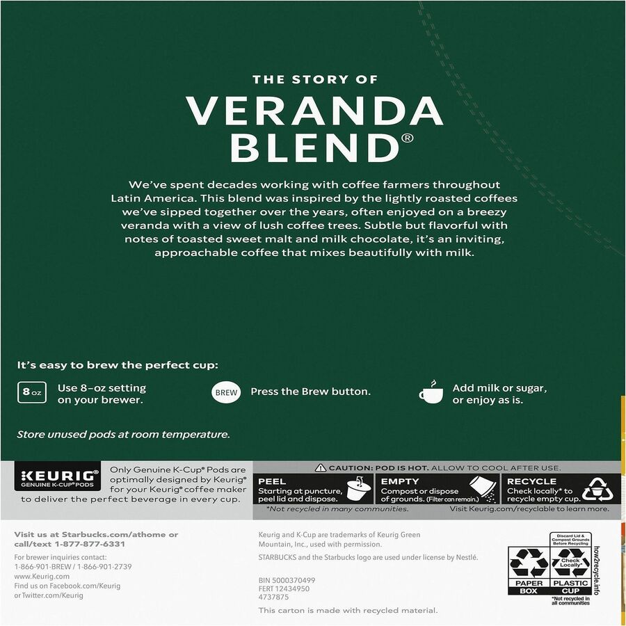 Starbucks® K-Cup Veranda Blend Coffee - Compatible with Drip-coffee Brewer - Blonde - 24 / Box