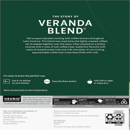 Starbucks® K-Cup Veranda Blend Coffee - Compatible with Drip-coffee Brewer - Blonde - 24 / Box