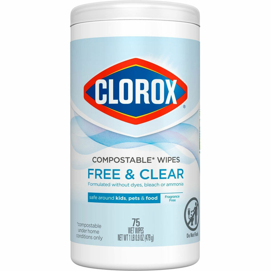 Clorox Free & Clear Compostable All Purpose Cleaning Wipes - 4.25" Length x 4.25" Width - Fragrance-free, Dye-free, Residue-free, Durable - White - 75/Tub - 1 Each