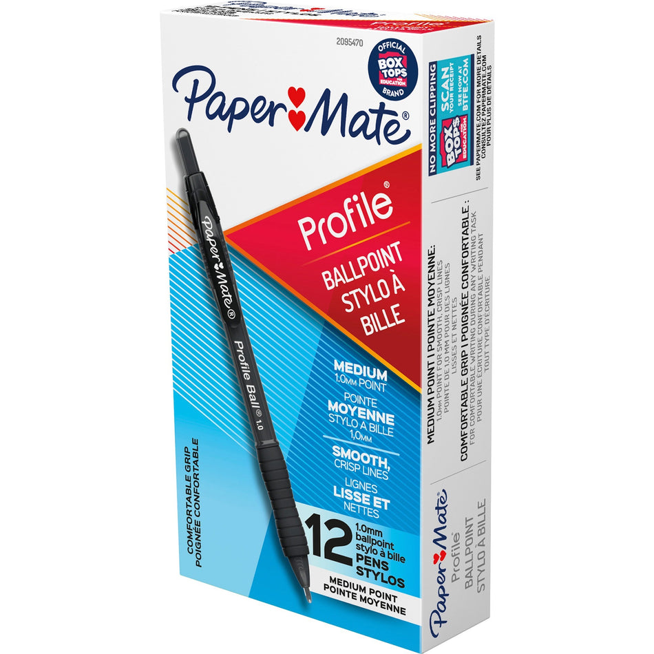 Paper Mate Profile 1.0mm Ballpoint Pens - 1 mm Medium Conical Pen Point - Retractable - Black Ink - Black Barrel - 12 / Pack