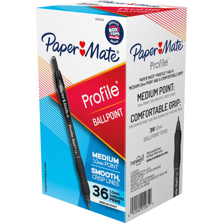 Paper Mate Profile 1.0mm Ballpoint Pens - 1 mm Medium Conical Pen Point - Retractable - Black Ink - Black Barrel - 36 / Box