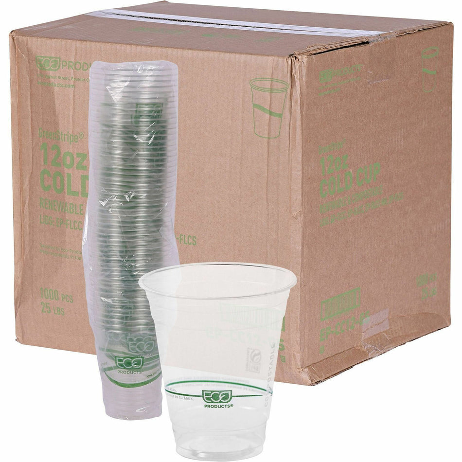 Eco-Products 12 oz GreenStripe Cold Cups - 12 fl oz - Clear, Green - Polylactic Acid (PLA) - Cold Drink - 50/Pack - 20 / Carton