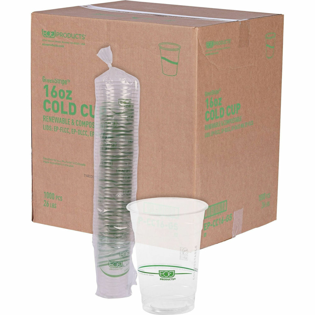 Eco-Products 16 oz GreenStripe Cold Cups - 16 fl oz - Clear, Green - Polylactic Acid (PLA) - Cold Drink - 50/Pack - 20 / Carton