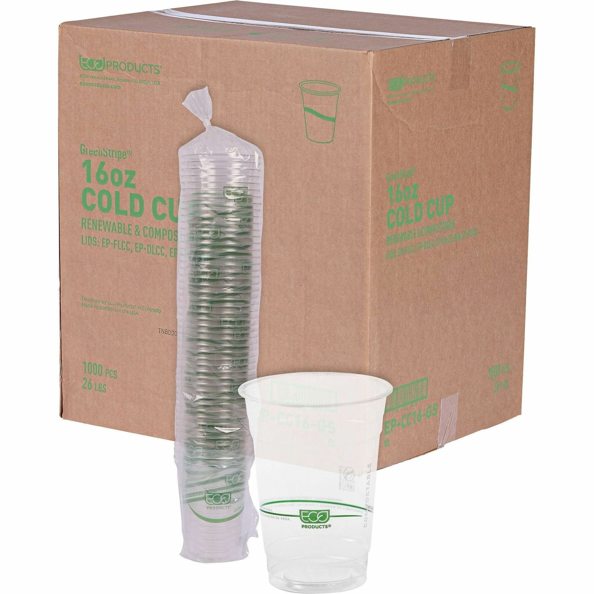 Eco-Products 16 oz GreenStripe Cold Cups - 16 fl oz - Clear, Green - Polylactic Acid (PLA) - Cold Drink - 50/Pack - 20 / Carton