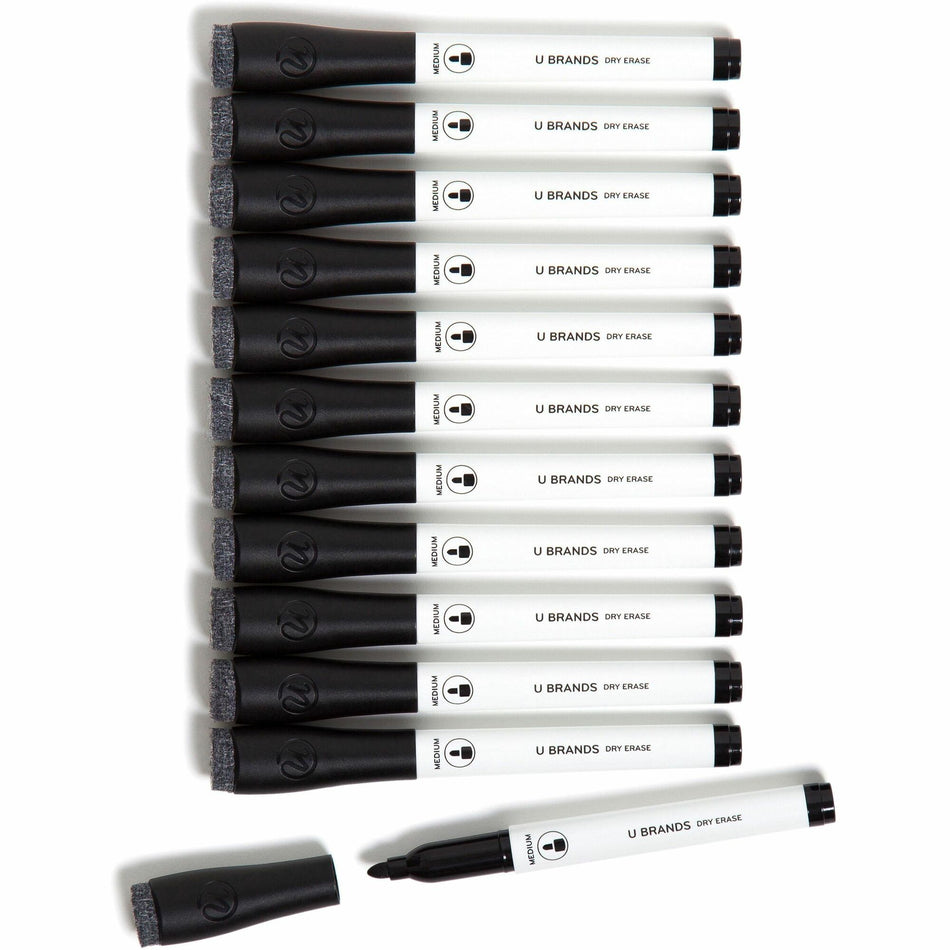 U Brands Dry Erase Marker - Medium Tapered Marker Point - Erasable - Black Ink - White Plastic Barrel - 12 / Pack