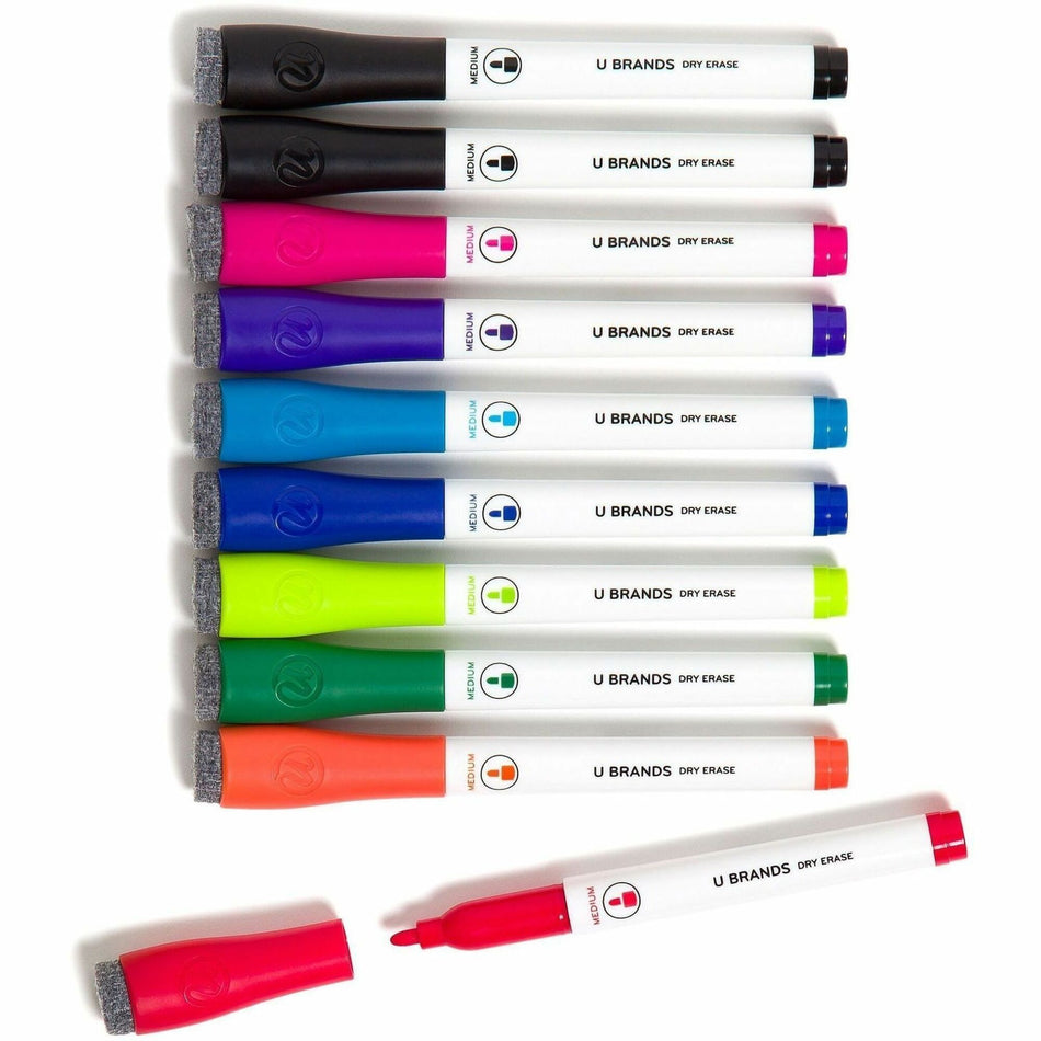 U Brands Dry-Erase Markers - Medium Marker Point - Erasable - Assorted Ink - White Plastic Barrel - 10 / Pack