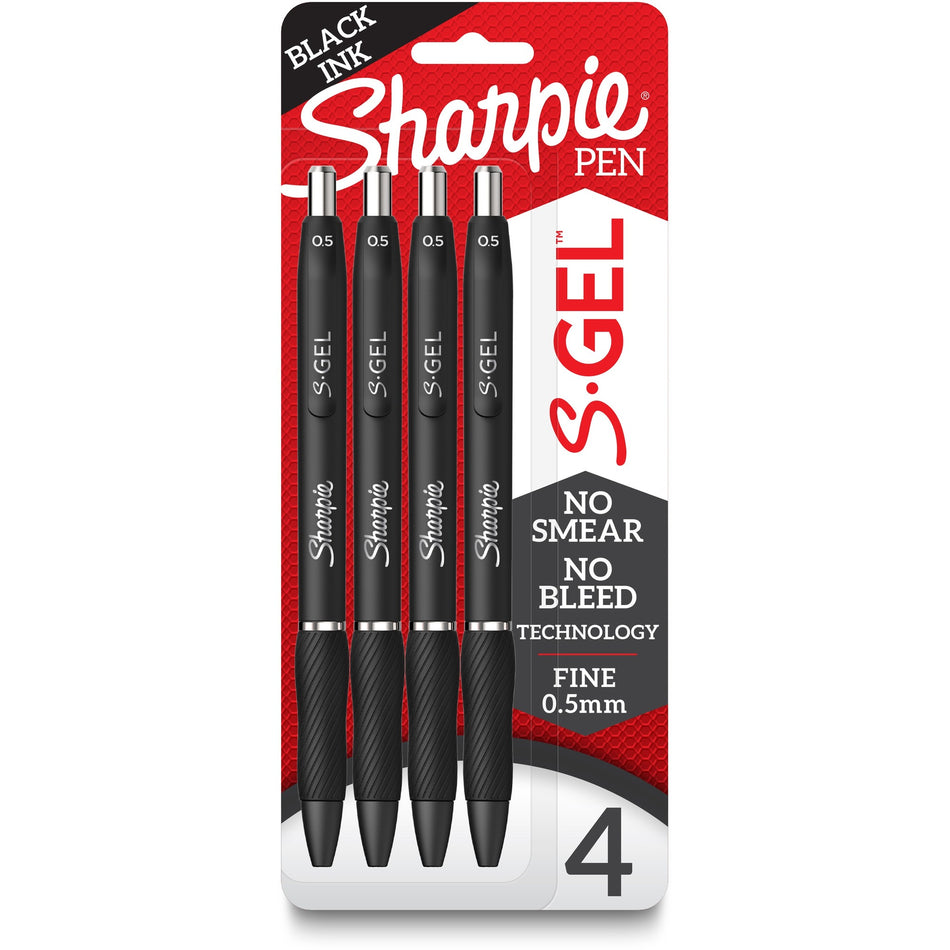 Sharpie S-Gel Pens - 0.5 mm Fine Pen Point - Black Ink - Gel-based - Black Barrel - 4 / Pack
