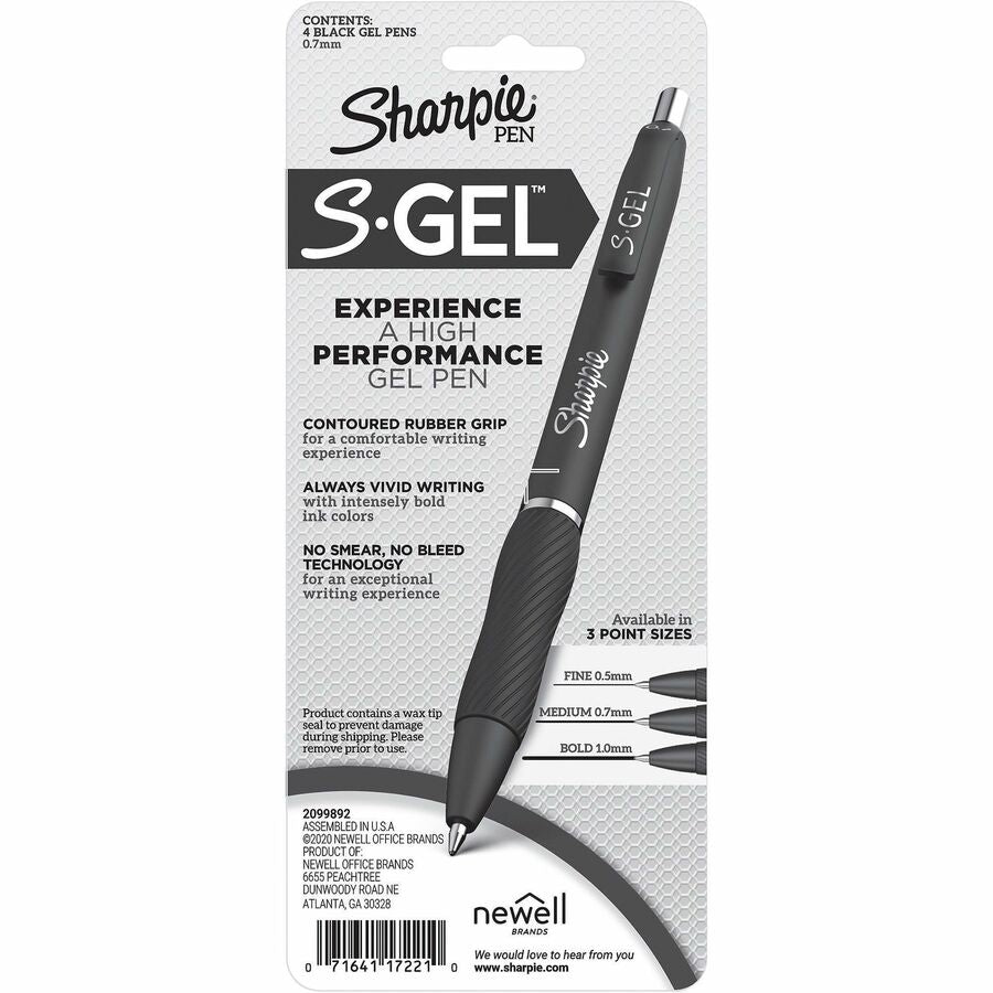 Sharpie S-Gel Pens - 0.7 mm Medium Pen Point - Refillable - Retractable - Black Ink - Gel-based - Black Barrel - 4 / Pack
