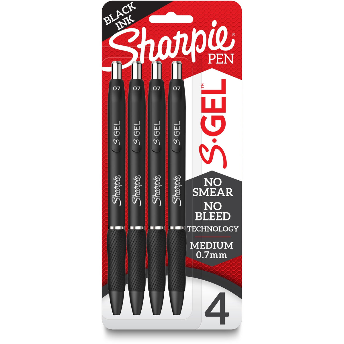 Sharpie S-Gel Pens - 0.7 mm Medium Pen Point - Refillable - Retractable - Black Ink - Gel-based - Black Barrel - 4 / Pack