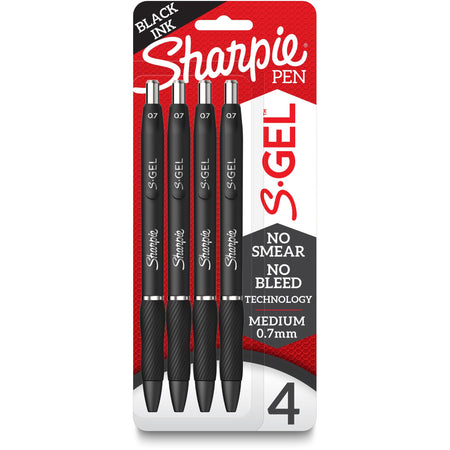 Sharpie S-Gel Pens - 0.7 mm Medium Pen Point - Refillable - Retractable - Black Ink - Gel-based - Black Barrel - 4 / Pack