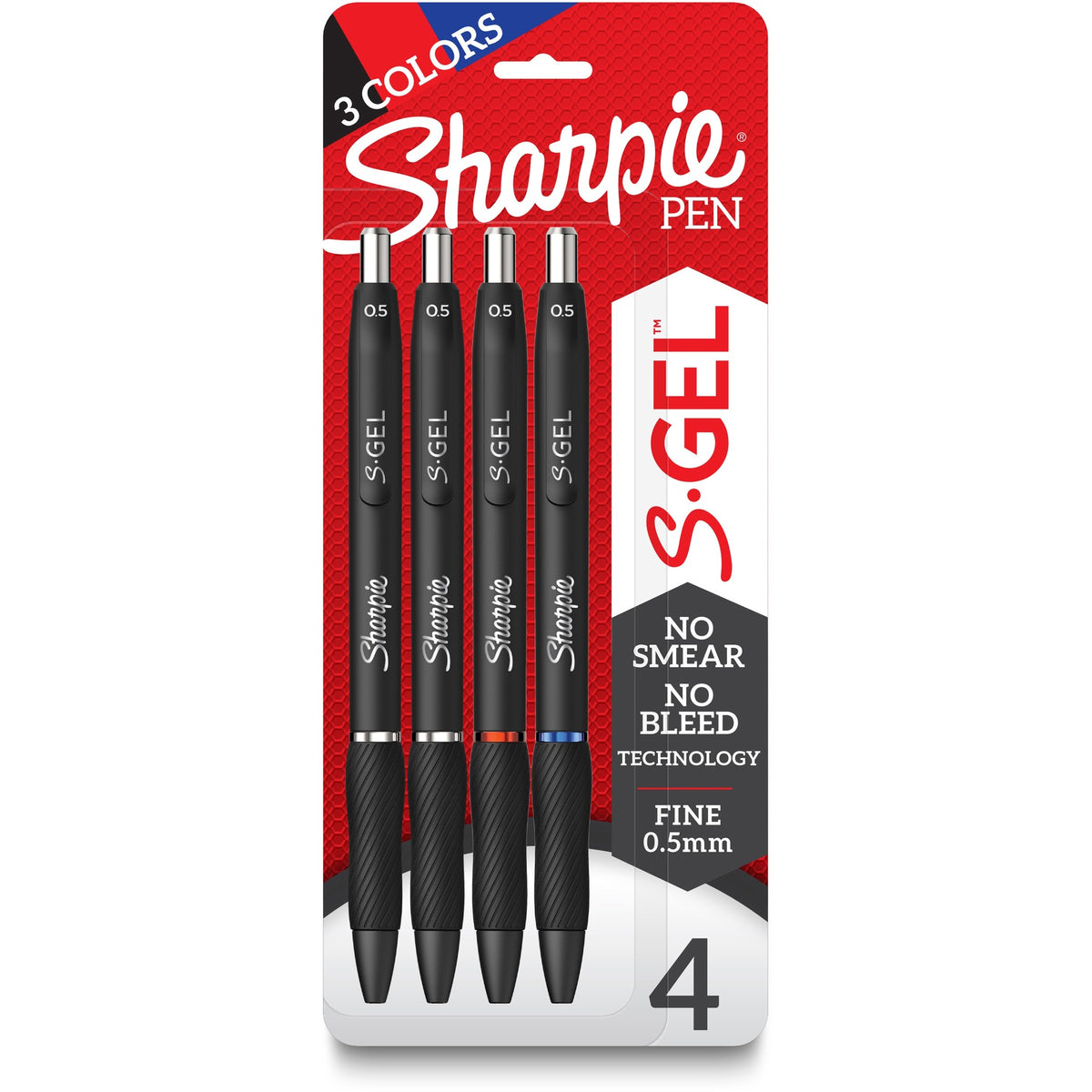 Sharpie S-Gel Pens - 0.5 mm Pen Point - Blue, Black, Red Ink - Gel-based - Black Barrel - 4 / Pack