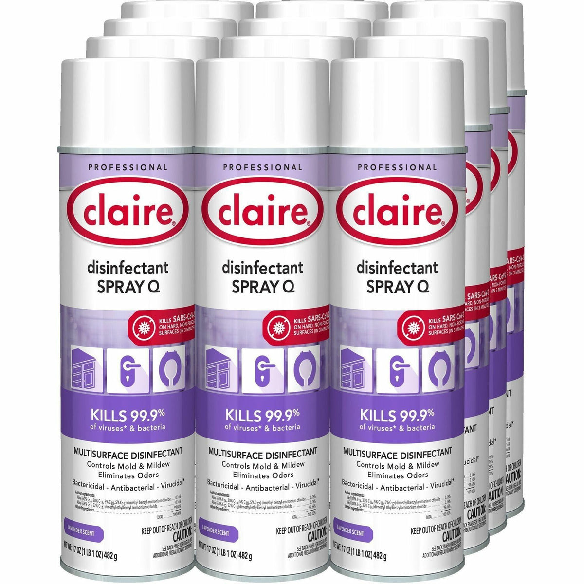 Claire Multipurpose Disinfectant Spray - 17 fl oz (0.5 quart) - Lavender Scent - Bactericide, Antibacterial, Fungicide, Virucidal - Purple - 12 / Carton