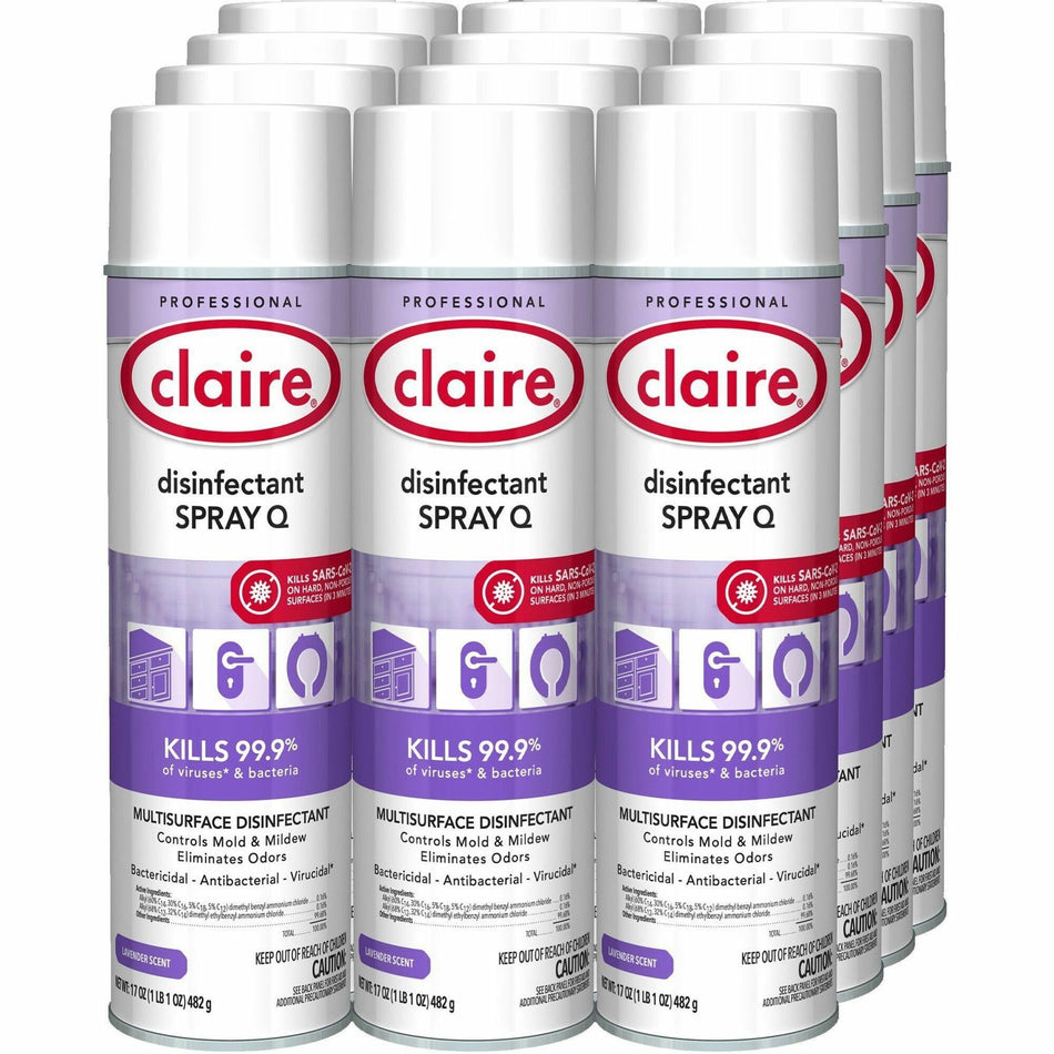 Claire Multipurpose Disinfectant Spray - 17 fl oz (0.5 quart) - Lavender Scent - Bactericide, Antibacterial, Fungicide, Virucidal - Purple - 12 / Carton