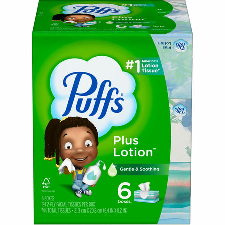 Puffs Plus Lotion Facial Tissue - 2 Ply - 8.20" Width x 8.40" Length - White - 124/Box - 6 / Pack