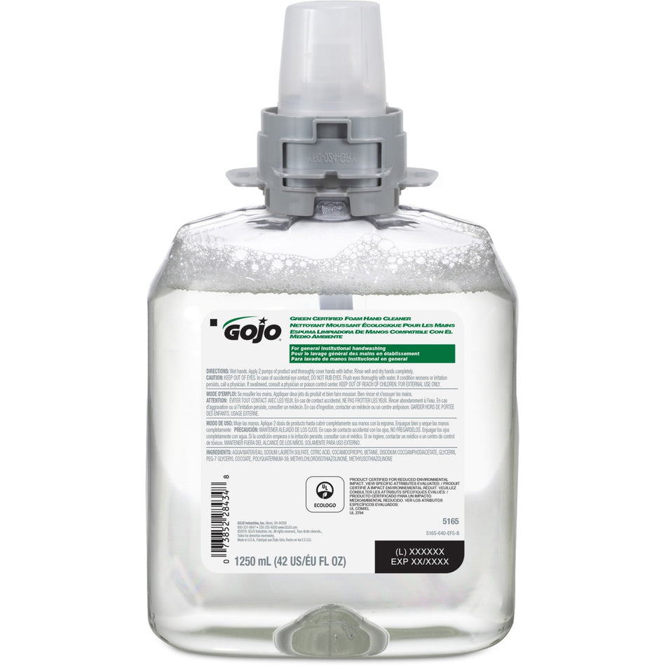 Gojo® FMX-12 Refill Green Certified Foam Hand Soap - 1.32 quart - Hand - Clear - Fragrance-free, Rich Lather, Antibacterial-free, Triclosan-free, Paraben-free, Phthalate-free, Bio-based - 1 Each
