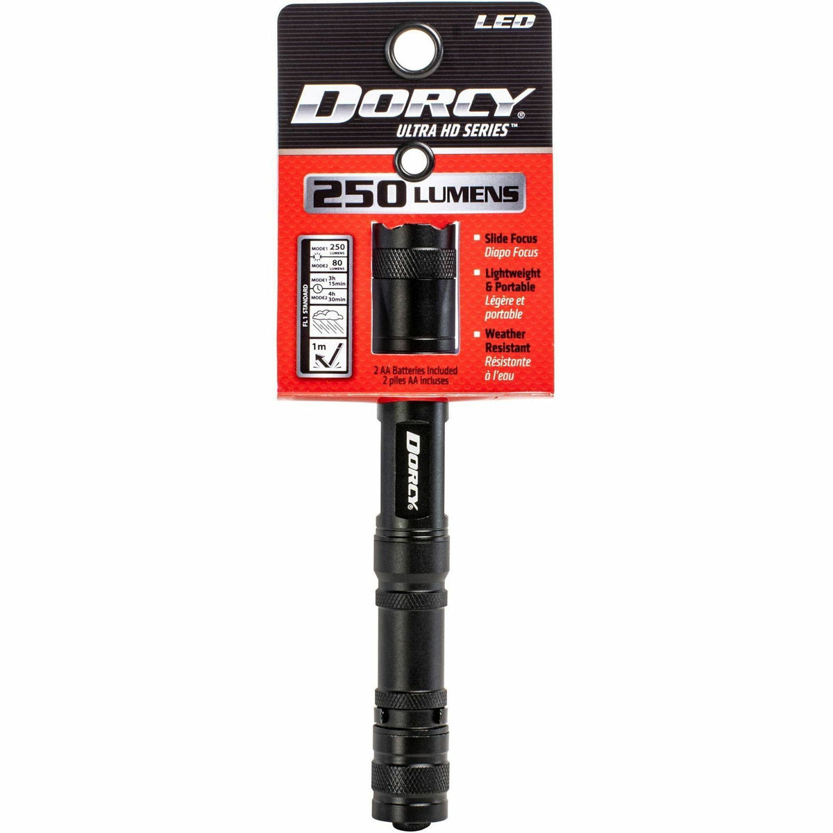 Dorcy Ultra HD Series Lightweight Flashlight - 250 lm Lumen - 2 x AA - Battery - Metal, Aircraft Aluminum - Water Resistant, Impact Resistant - Black - 1 Each