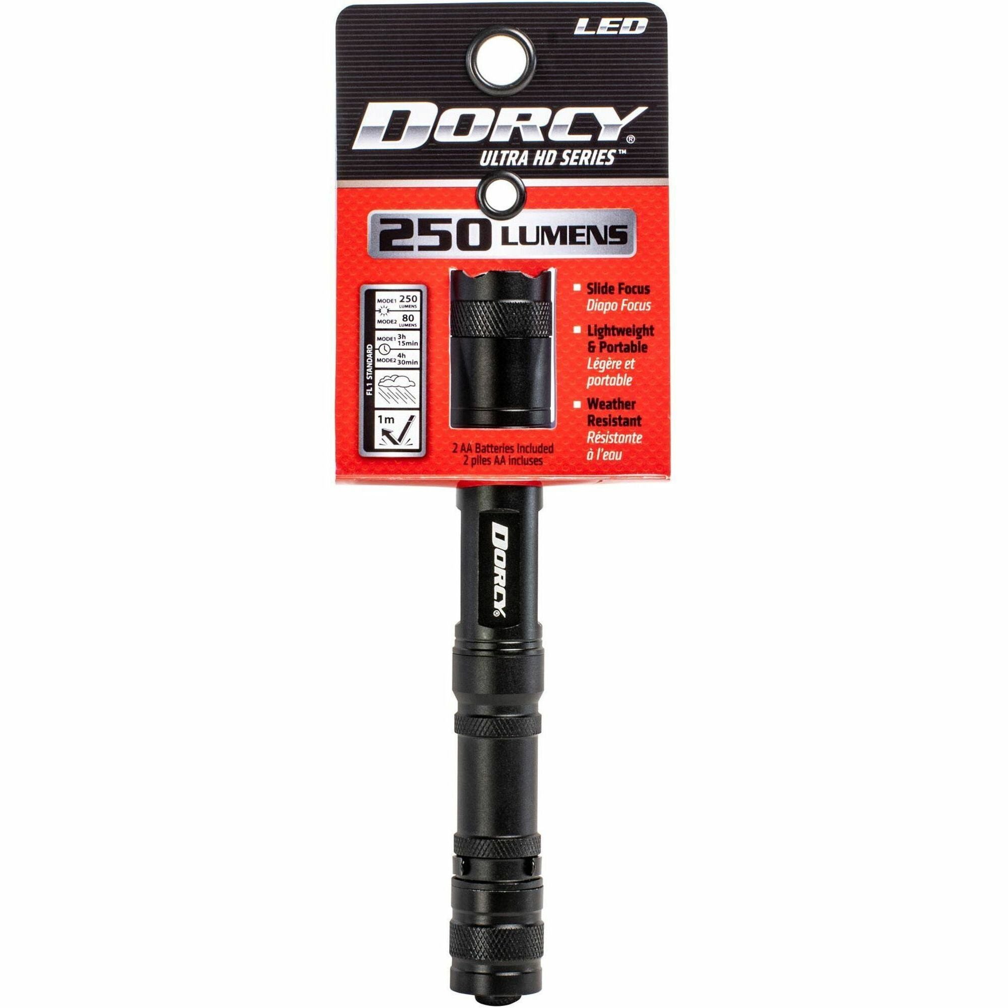 Dorcy Ultra HD Series Lightweight Flashlight - 250 lm Lumen - 2 x AA - Battery - Metal, Aircraft Aluminum - Water Resistant, Impact Resistant - Black - 1 Each