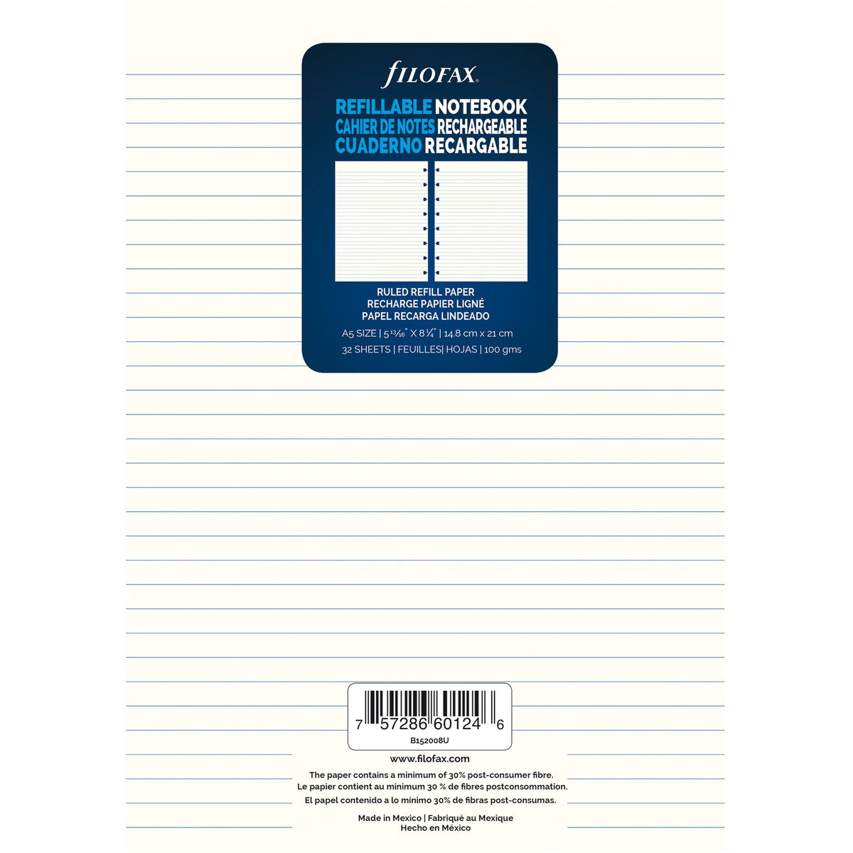 Filofax A5 Notebook Refill - 32 Sheets - Ruled Front Ruling - A5 - 5 4/5" x 8 19/64" Sheet Size - Sturdy, Resist Bleed-through, Hole-punched, Repositionable - 1 Each
