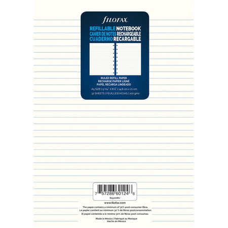 Filofax A5 Notebook Refill - 32 Sheets - Ruled Front Ruling - A5 - 5 4/5" x 8 19/64" Sheet Size - Sturdy, Resist Bleed-through, Hole-punched, Repositionable - 1 Each