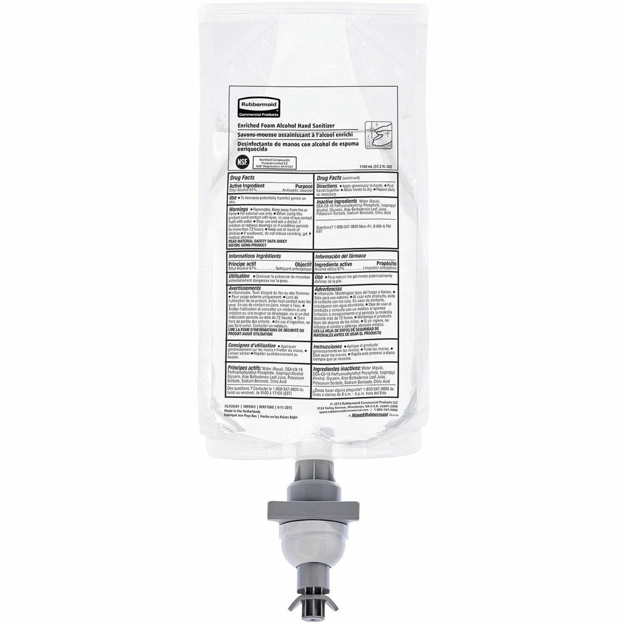 Rubbermaid Commercial Hand Sanitizer Foam Refill - Fragrance-free Scent - 1.16 quart - Kill Germs - Hand - White Clear - Dye-free, Hygienic - 4 / Carton