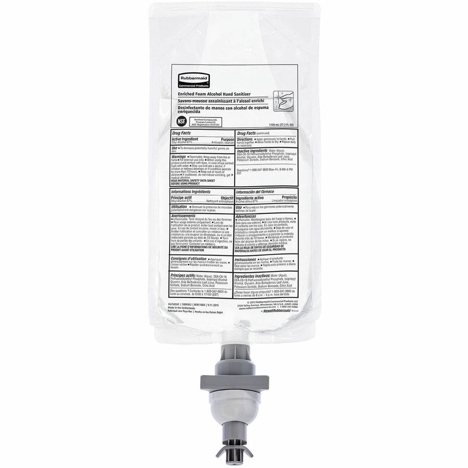 Rubbermaid Commercial Hand Sanitizer Foam Refill - Fragrance-free Scent - 1.16 quart - Kill Germs - Hand - White Clear - Dye-free, Hygienic - 4 / Carton