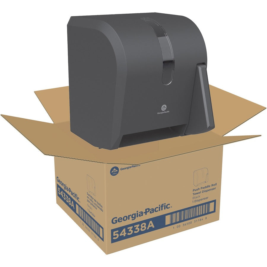 Georgia-Pacific Push Paddle Paper Towel Dispenser - Roll Dispenser - 14.3" Height x 12.8" Width x 10.5" Depth - Black - Hygienic, Durable, See Through Window - 1 / Carton