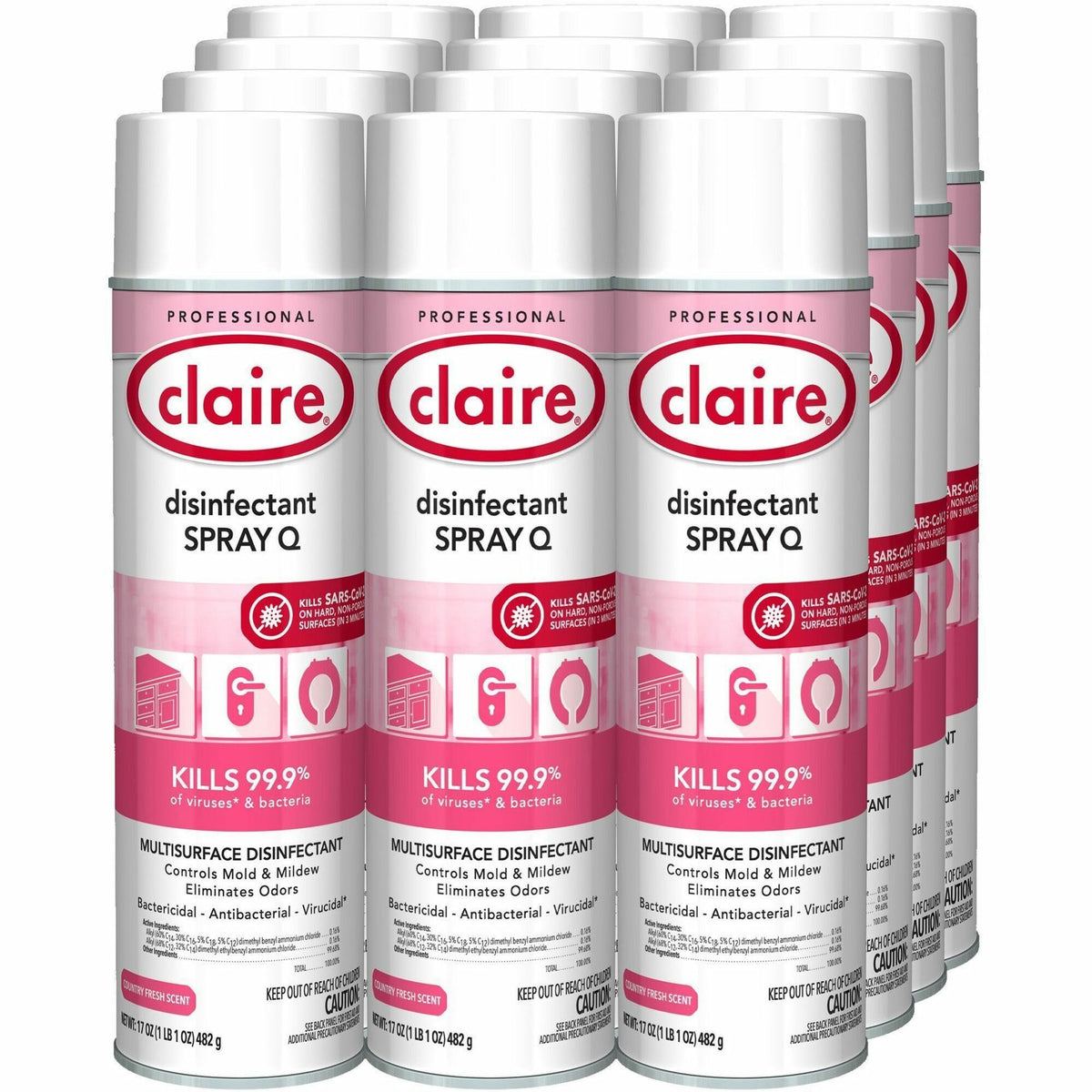 Claire Multipurpose Disinfectant Spray - Ready-To-Use - 17 fl oz (0.5 quart) - Country Fresh Scent - Antibacterial, Non-porous - Pink - 12 / Carton