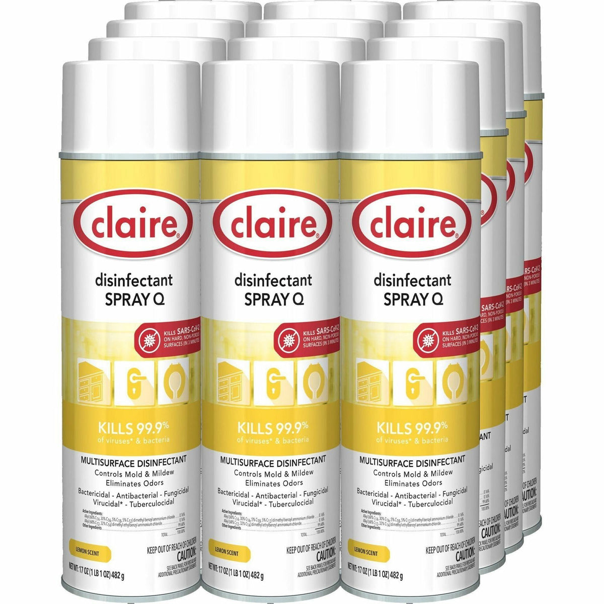 Claire Multipurpose Disinfectant Spray - Ready-To-Use - 17 fl oz (0.5 quart) - Lemon Scent - Antibacterial - Yellow - 12 / Carton