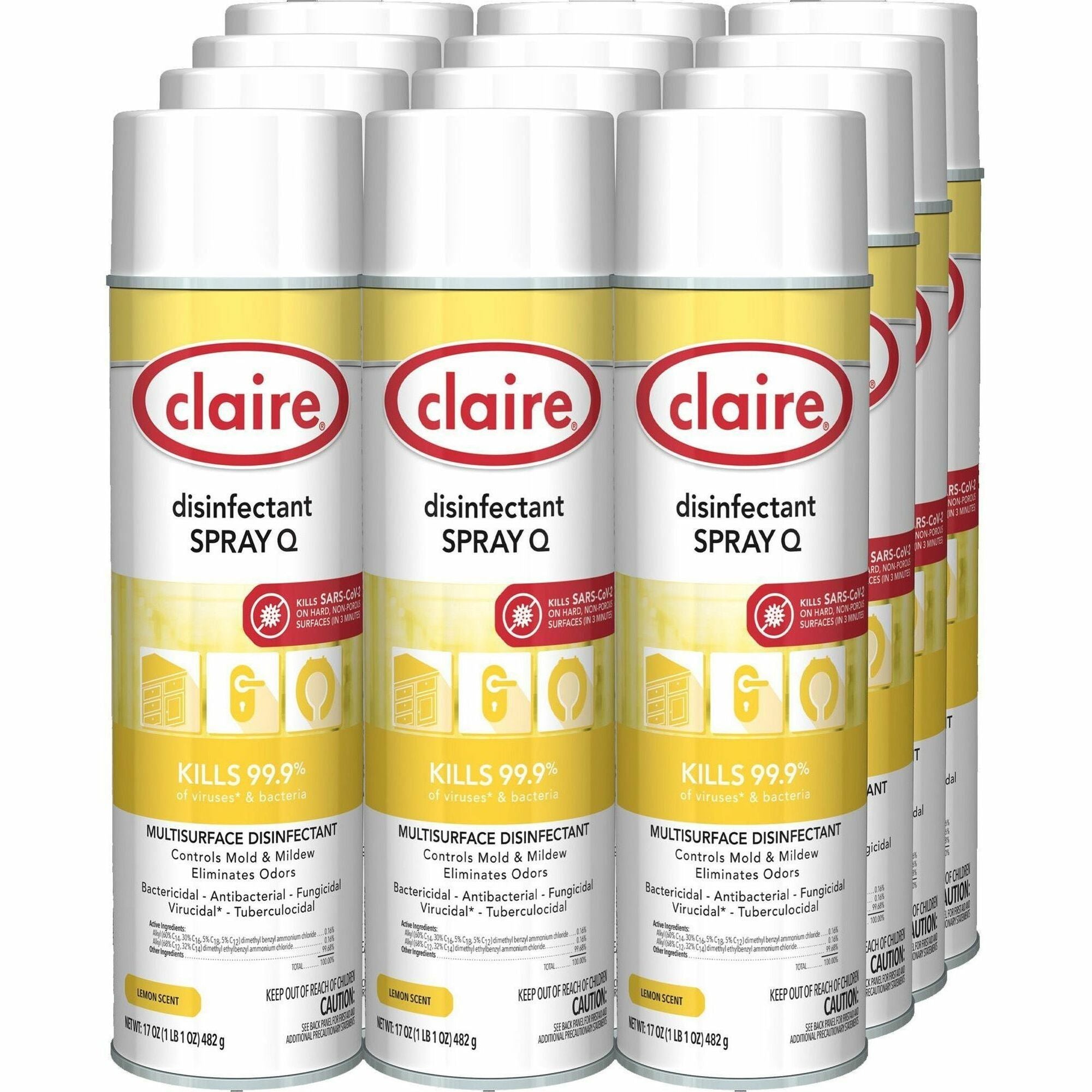 Claire Multipurpose Disinfectant Spray - Ready-To-Use - 17 fl oz (0.5 quart) - Lemon Scent - Antibacterial - Yellow - 12 / Carton