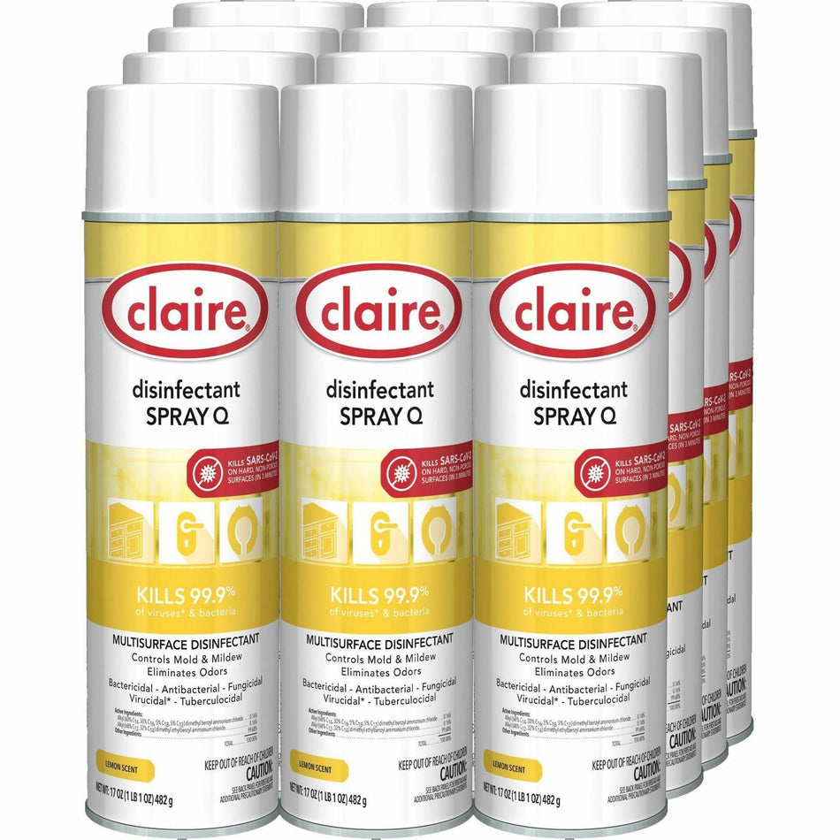Claire Multipurpose Disinfectant Spray - Ready-To-Use - 17 fl oz (0.5 quart) - Lemon Scent - Antibacterial - Yellow - 12 / Carton