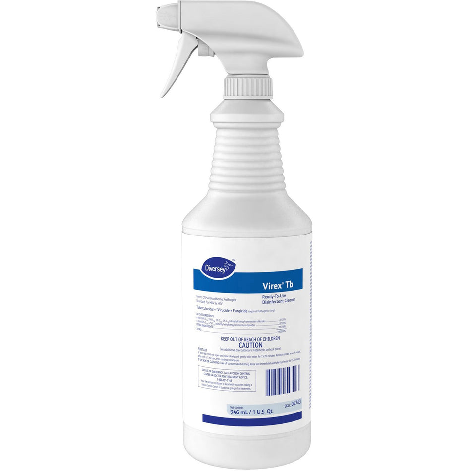 Diversey Virex Tb RTU Disinfectant Cleaner - Ready-To-Use - 32 fl oz (1 quart) - Lemon Scent - Deodorize, Fast Acting - White - 12 / Carton