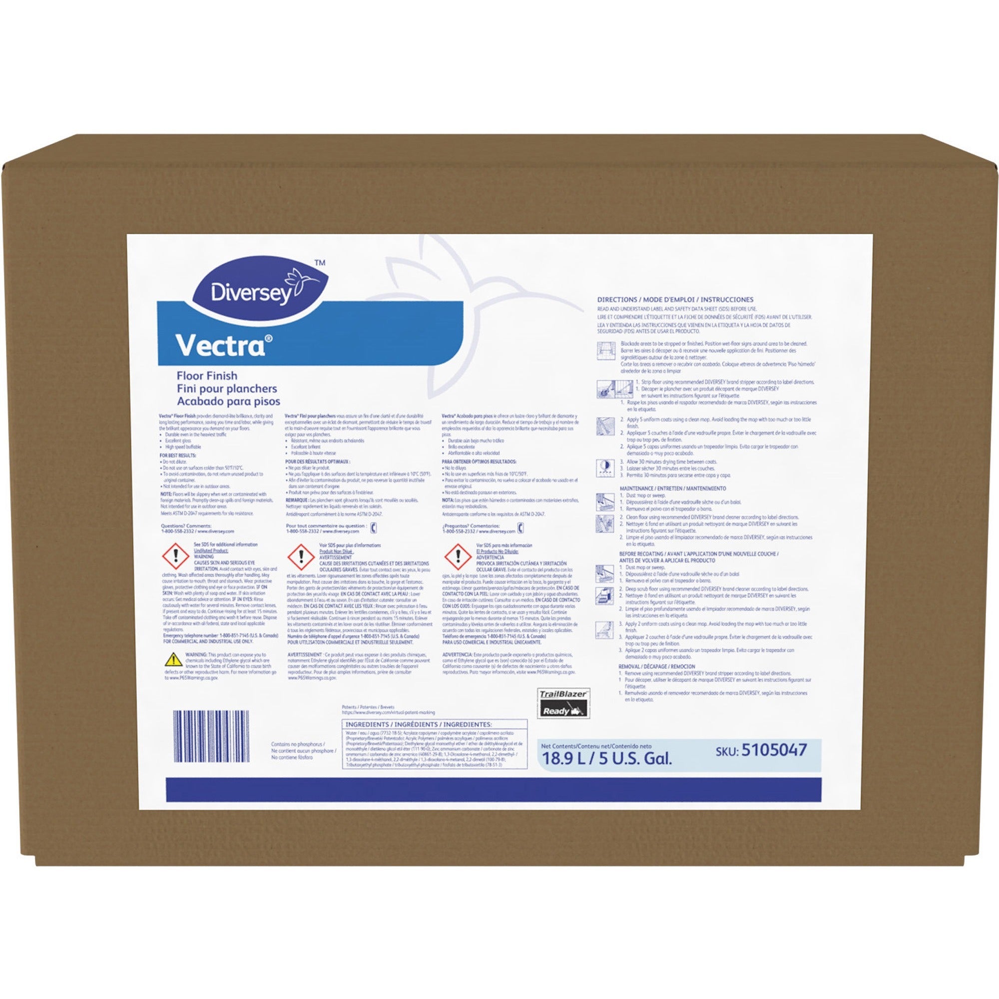 Diversey Vectra Floor Finish - Ready-To-Use - 640 fl oz (20 quart) - Ammonia Scent - Fast Acting, Durable, Scuff Resistant, Scratch Resistant, Slip Resistant - Off White - 1 Each