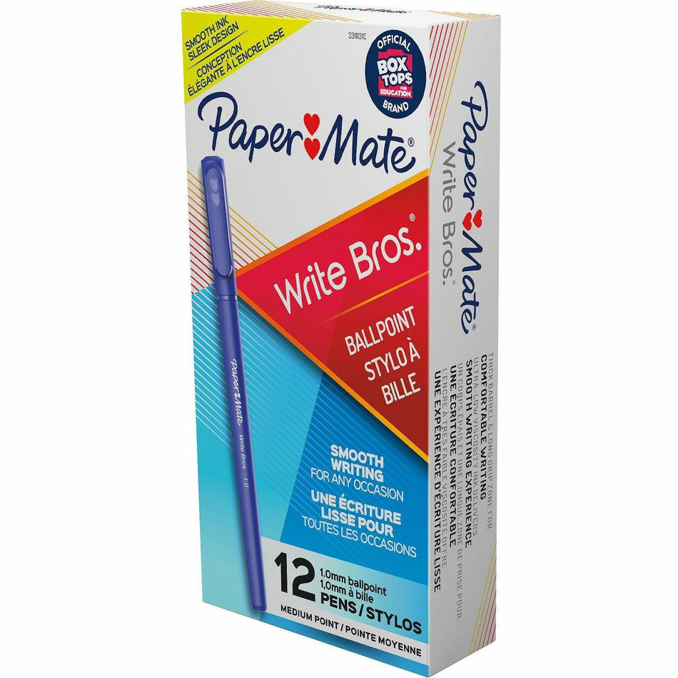 Paper Mate Write Bros. Ballpoint Stick Pens - Medium Pen Point - Blue Ink - Blue Barrel - 1 Dozen
