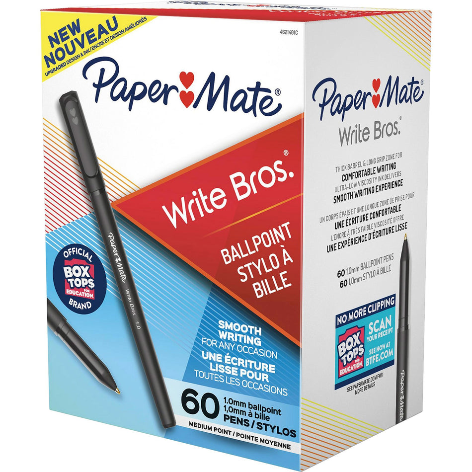 Paper Mate Write Bros. Ballpoint Stick Pens - Medium Pen Point - Black Carbon Ink - 60 / Box