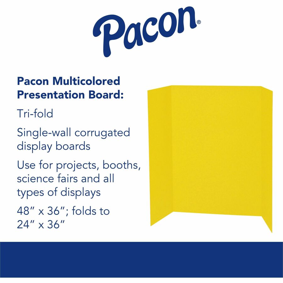 Pacon Single Wall Presentation Board - 48" Board Height x 36" Board Width - Yellow Surface - Tri-fold, Recyclable, Corrugated - 4 / Carton