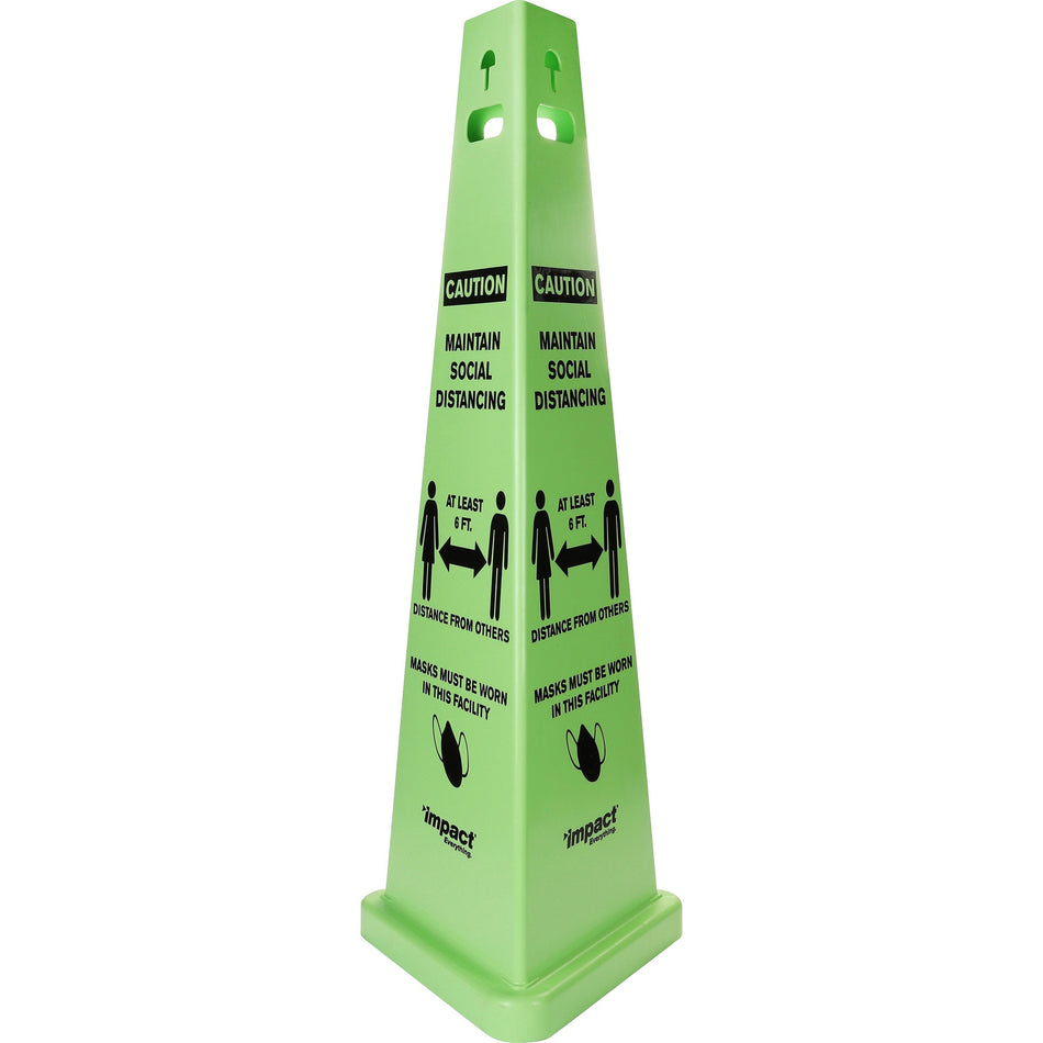 Impact TriVu Social Distancing 3 Sided Safety Cone - Print/Message "Caution Maintain Social Distancing" - 40" Height x 14.8" Depth - Cone Shape - Three-sided, UV Protected - Plastic - Fluorescent Yellow - 1 Each
