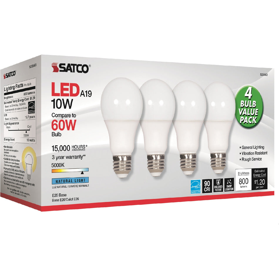 Satco 10W A19 LED 5000K Light Bulbs - 10 W - 60 W Incandescent Equivalent Wattage - 120 V AC - 800 lm - A19 Size - Frosted White - Natural Light Light Color - E26 Base - 15000 Hour - 5000&deg;K Color Temperature - 94 CRI - 220&deg; Beam Angle - 4 / Pack