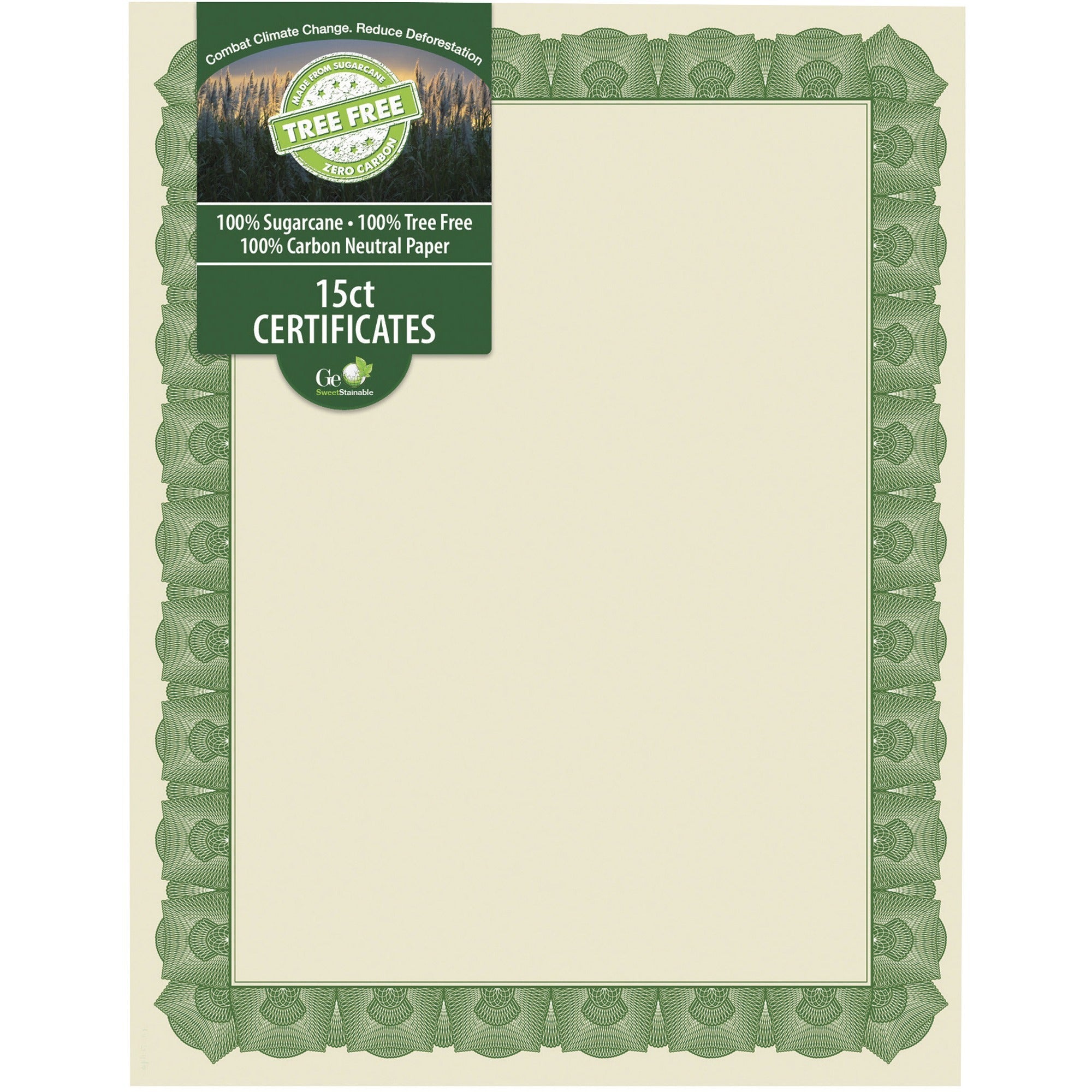 Geographics Tree Free Certificate - 8.5" Width - Multicolor with Green Border - Sugarcane - 15 / Pack
