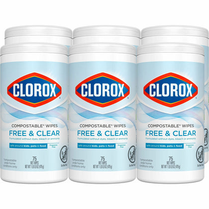 Clorox Free & Clear Compostable All Purpose Cleaning Wipes - 4.25" Length x 4.25" Width - Fragrance-free, Dye-free, Residue-free, Durable - White - 75/Tub - 6 / Carton