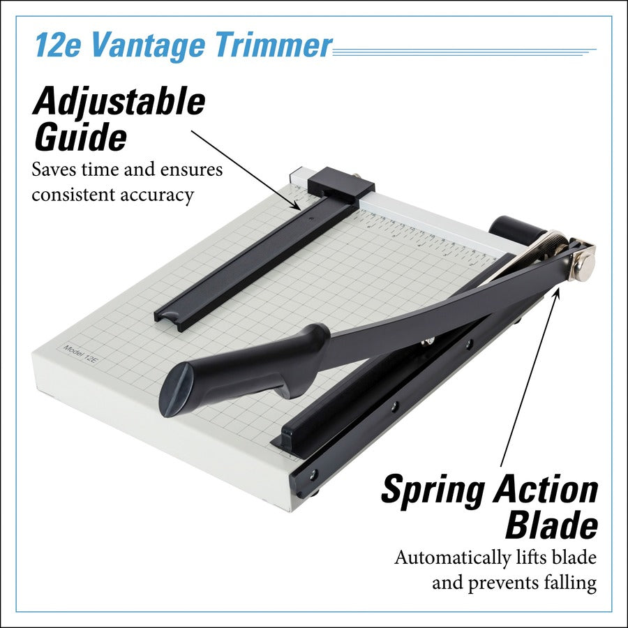 Dahle Vantage 12e Guillotine Paper Trimmer - 15 Sheet Cutting Capacity - 12" Cutting Length - 2.5" Height x 19.8" Width x 10.3" Length - Sturdy, Spring-action Handle, Adjustable Back Stop, Alignment Grid - Metal - Gray - 1 / Carton