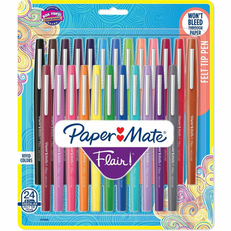 Paper Mate Flair Porous Point Pen - 0.7 mm Medium Bullet Pen Point - Black, Blue, Cranberry, Green, Guava, Lime, Magenta, Mocha, Navy, Orchid, Papaya, ... Ink - Assorted Barrel - 24 / Pack